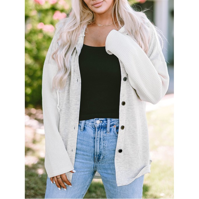 Gray Button Up Contrast Knitted Sleeves Hooded Jacket