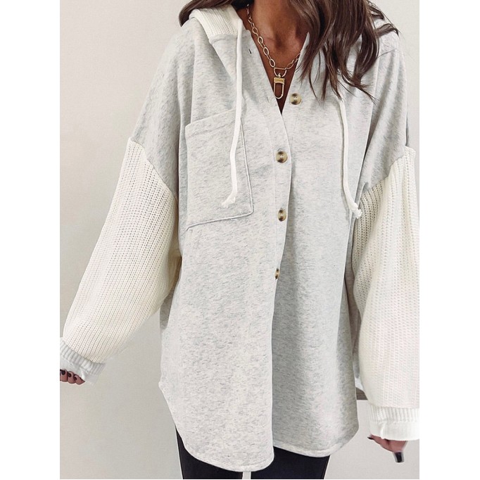 Gray Button Up Contrast Knitted Sleeves Hooded Jacket