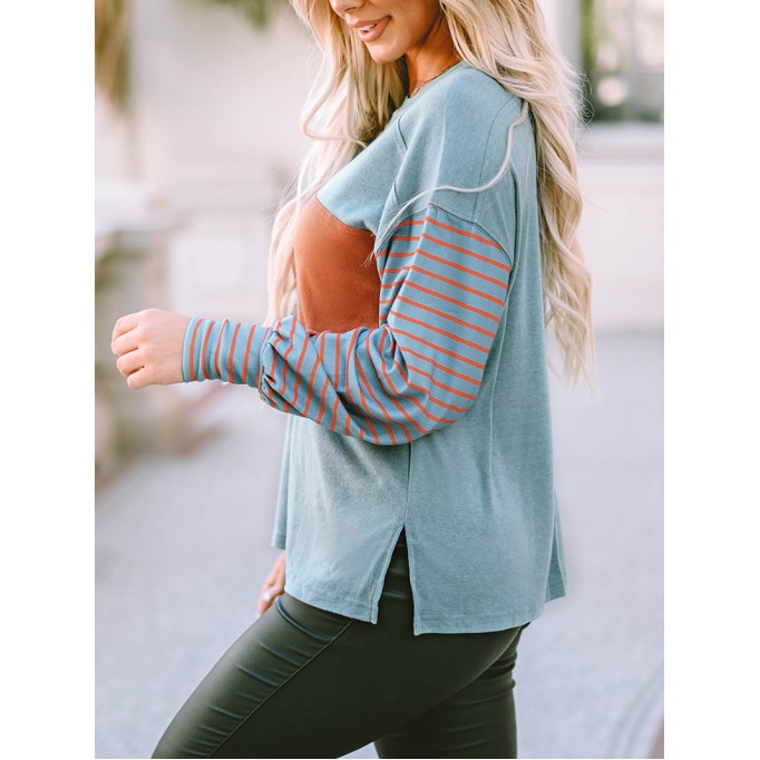 Green Colorblock Striped Bishop Sleeve Top