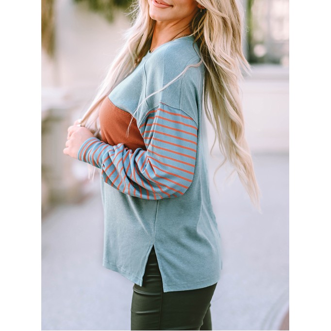 Green Colorblock Striped Bishop Sleeve Top