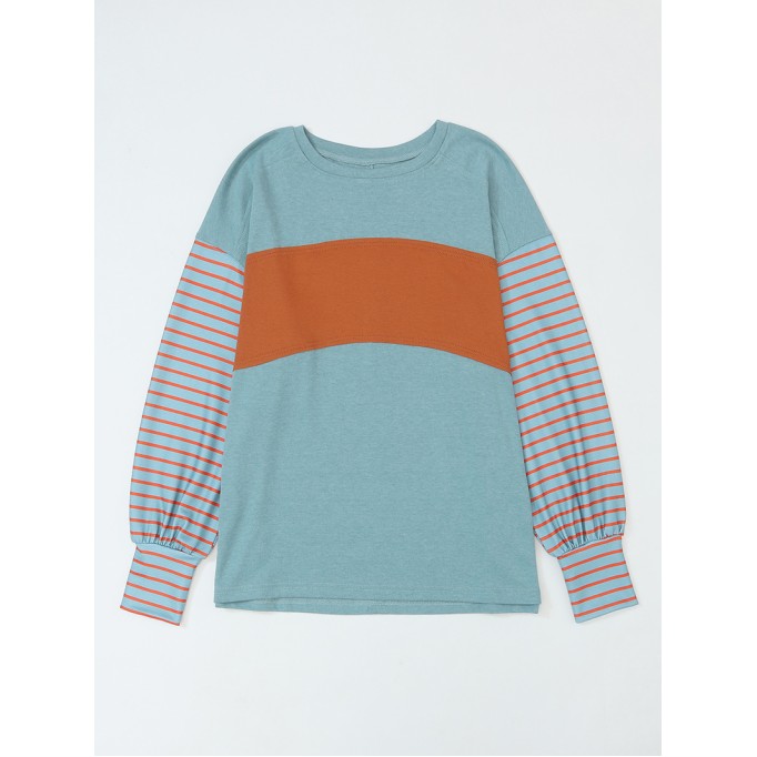 Green Colorblock Striped Bishop Sleeve Top