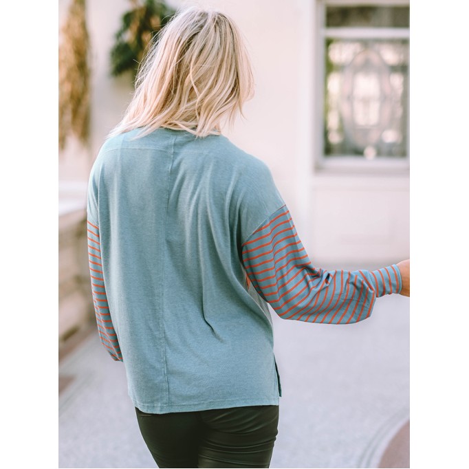 Green Colorblock Striped Bishop Sleeve Top