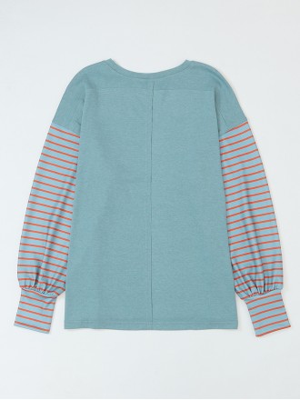 Green Colorblock Striped Bishop Sleeve Top