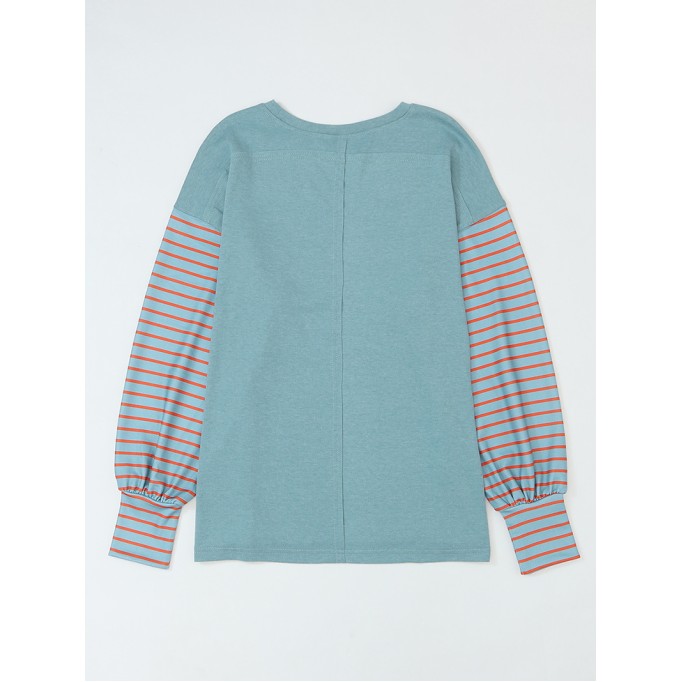 Green Colorblock Striped Bishop Sleeve Top