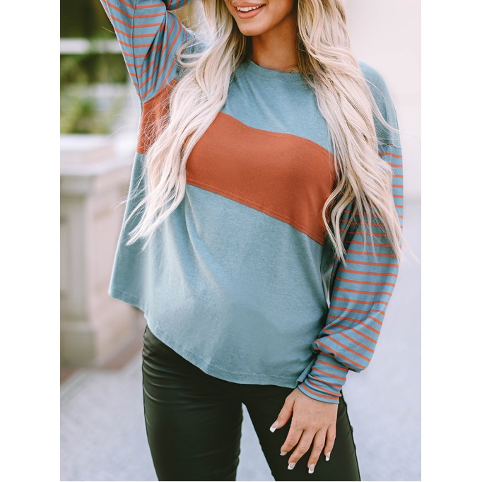 Green Colorblock Striped Bishop Sleeve Top