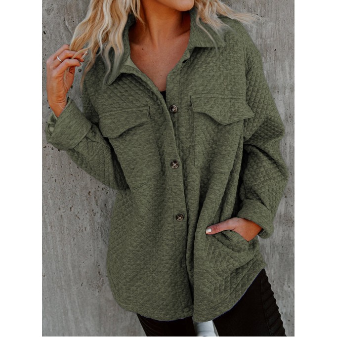 Green Retro Quilted Flap Pocket Button Shacket