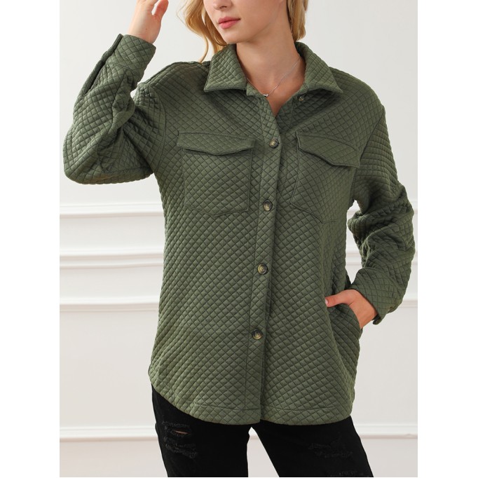 Green Retro Quilted Flap Pocket Button Shacket