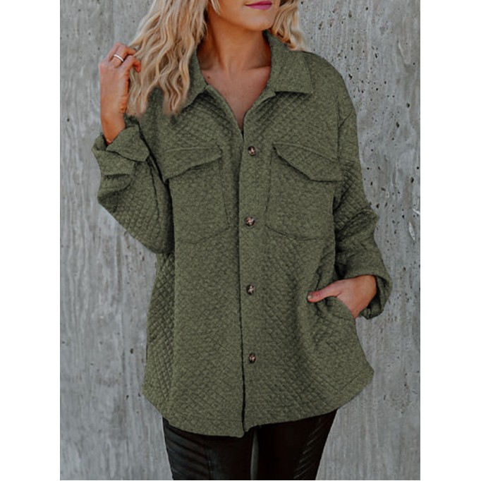 Green Retro Quilted Flap Pocket Button Shacket