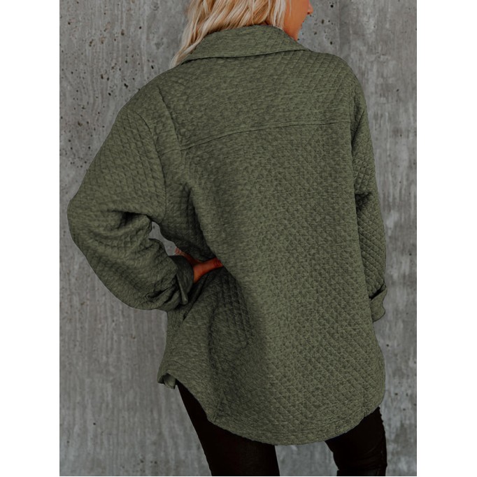 Green Retro Quilted Flap Pocket Button Shacket