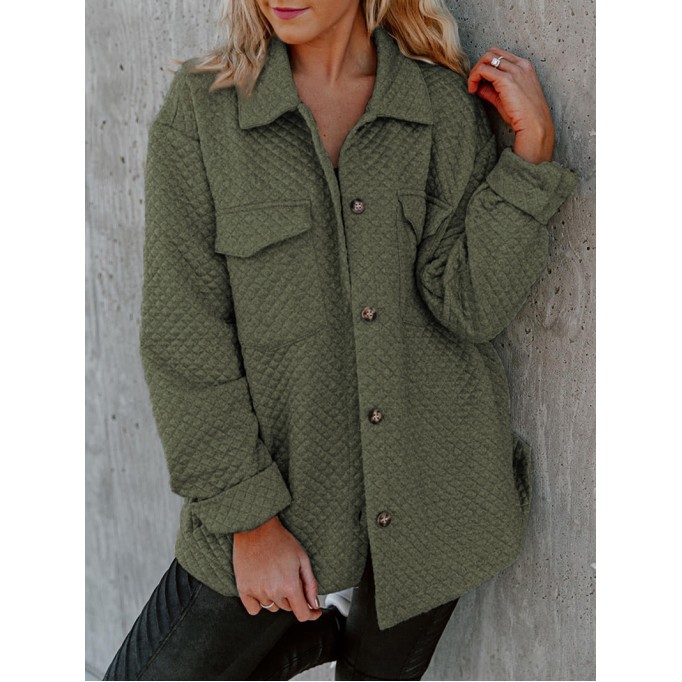 Green Retro Quilted Flap Pocket Button Shacket