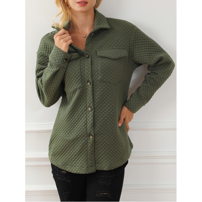 Green Retro Quilted Flap Pocket Button Shacket