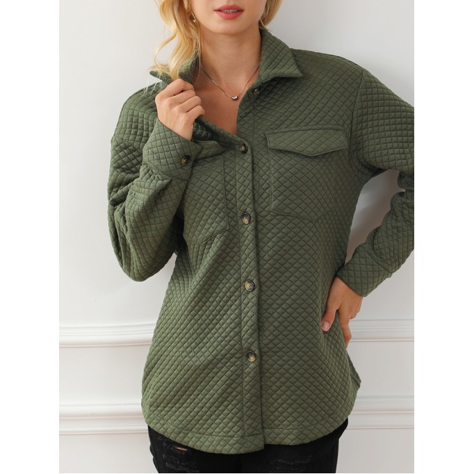 Green Retro Quilted Flap Pocket Button Shacket