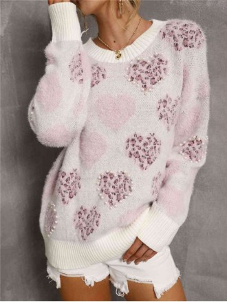 Heart Pattern Round Neck Long Sleeve Sweater