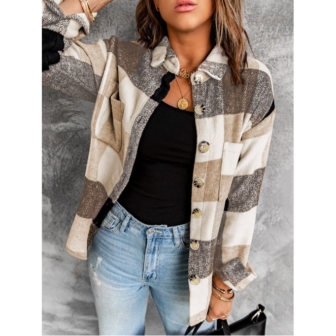 Khaki Plaid Color Block Buttoned Long Sleeve Jacket with Pocket