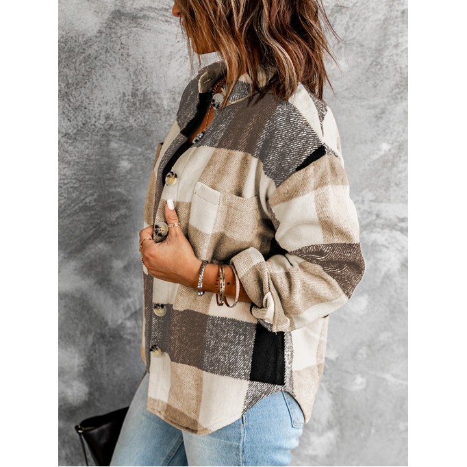 Khaki Plaid Color Block Buttoned Long Sleeve Jacket with Pocket