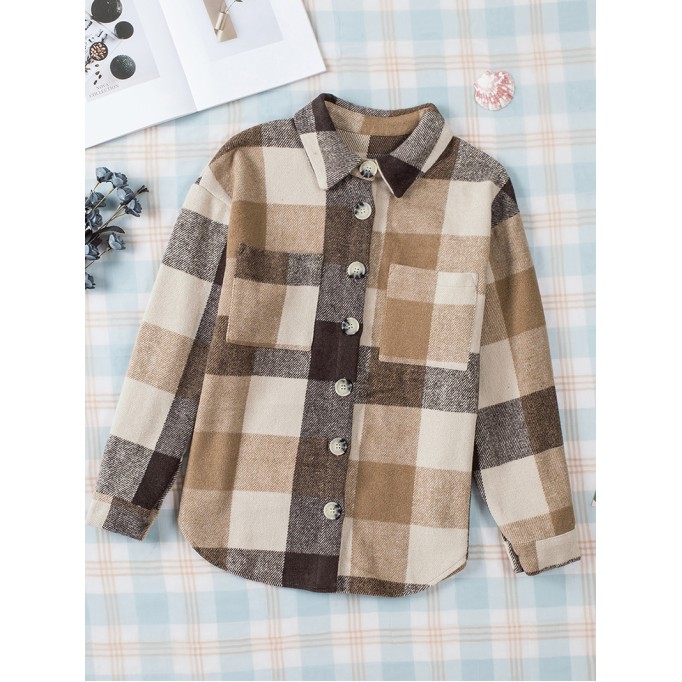 Khaki Plaid Color Block Buttoned Long Sleeve Jacket with Pocket