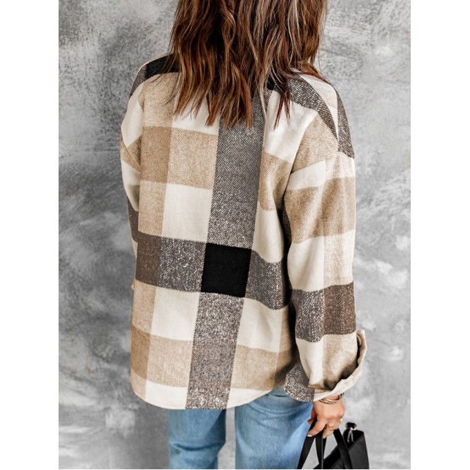 Khaki Plaid Color Block Buttoned Long Sleeve Jacket with Pocket