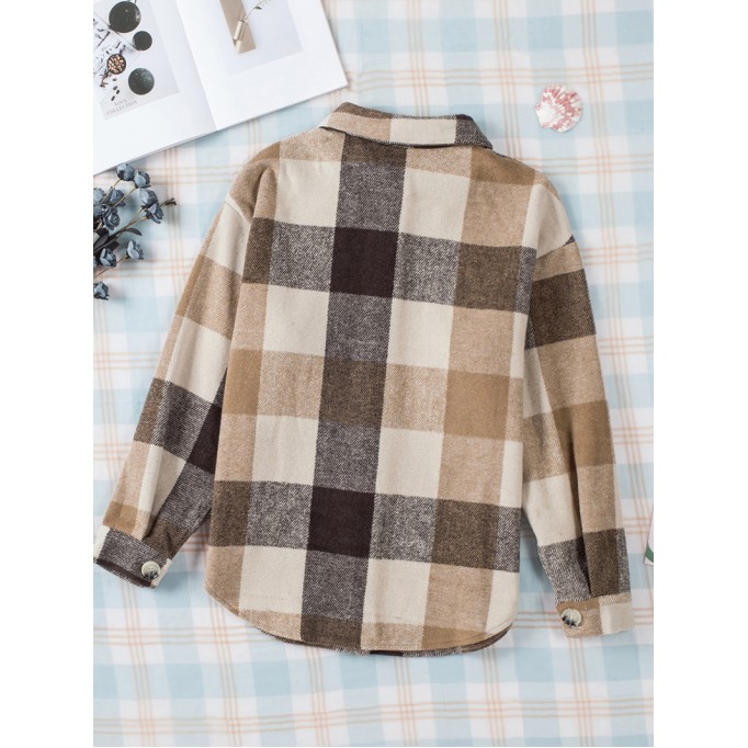 Khaki Plaid Color Block Buttoned Long Sleeve Jacket with Pocket