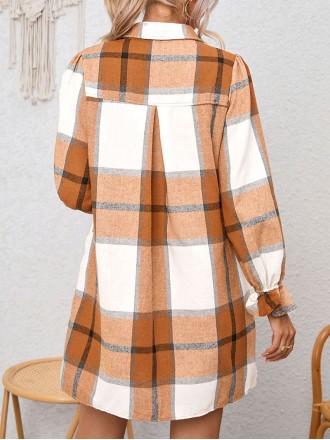 Khaki Plaid Pattern Collared Neck Ruffled Sleeve Shirt Dress