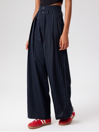 Mid Waist Striped Pleated Button Trousers