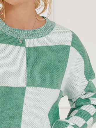 Mint Green Checkered Print Drop Shoulder Sweater