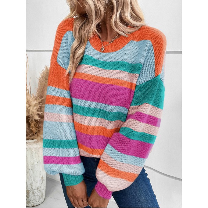 Multicolor Striped Knit Drop Shoulder Puff Sleeve Sweater