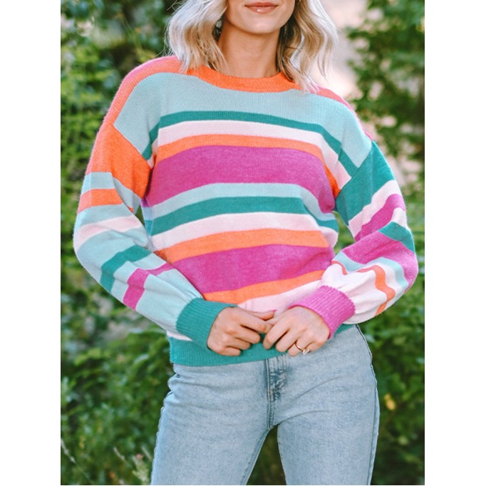 Multicolor Striped Knit Drop Shoulder Puff Sleeve Sweater