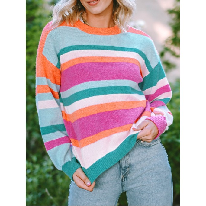 Multicolor Striped Knit Drop Shoulder Puff Sleeve Sweater