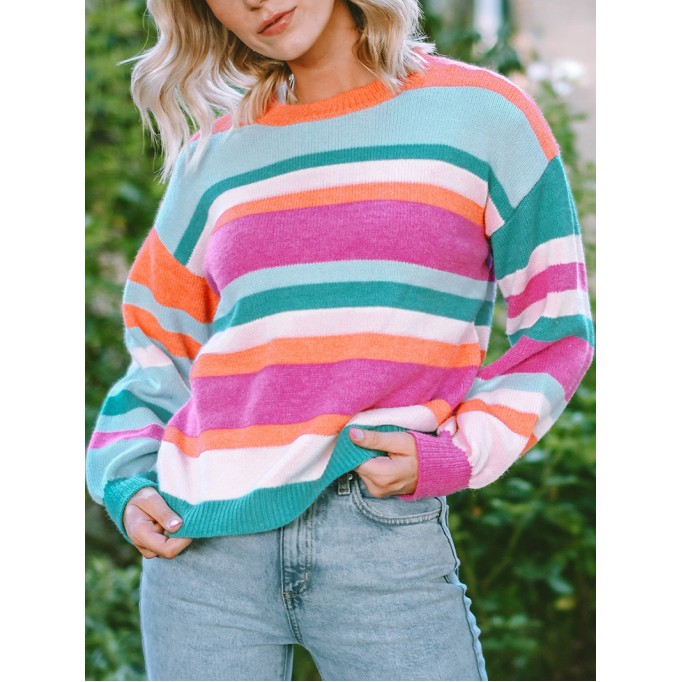 Multicolor Striped Knit Drop Shoulder Puff Sleeve Sweater