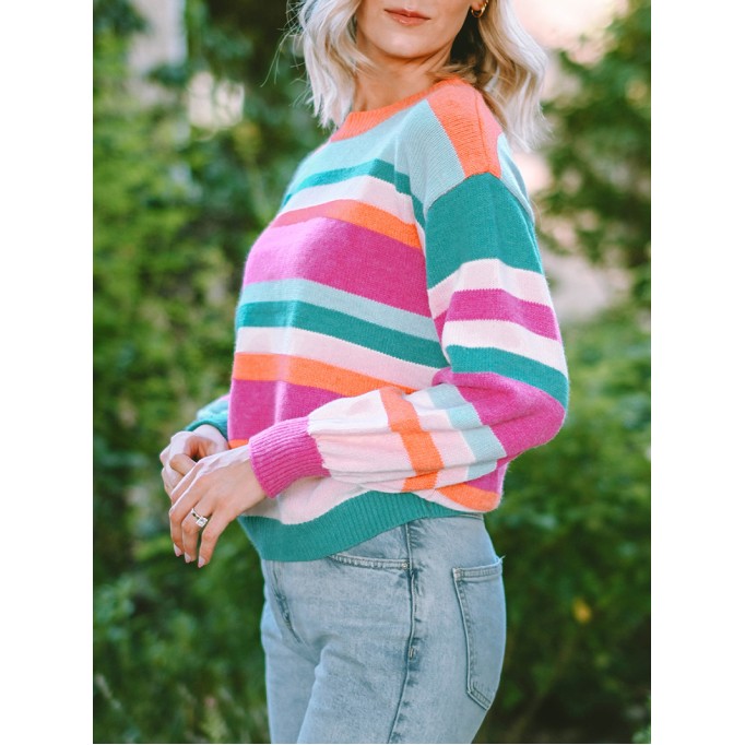 Multicolor Striped Knit Drop Shoulder Puff Sleeve Sweater