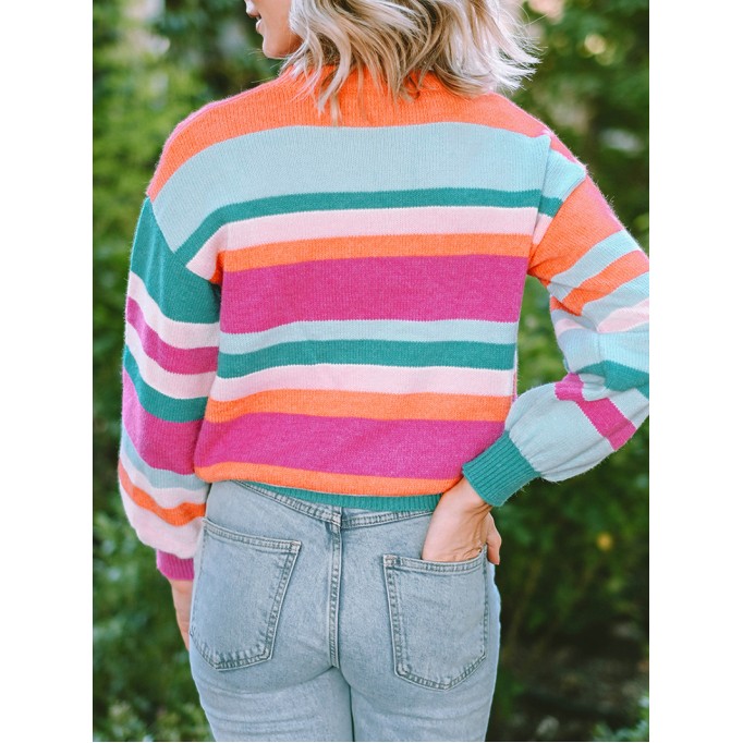 Multicolor Striped Knit Drop Shoulder Puff Sleeve Sweater