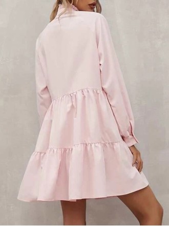 Pink Frilled Stand Collar Long Sleeve Ruffle Dress