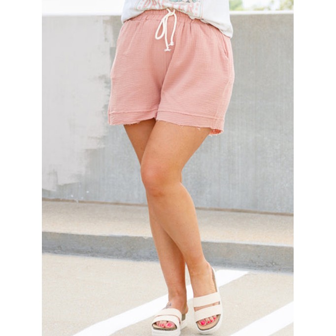 Pink split raw lace up shorts