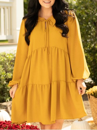 Pleated lace up lantern sleeve loose fitting dress