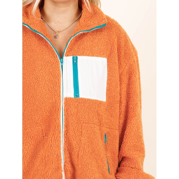 Plush Panel Contrast Zip Loose Hoodie