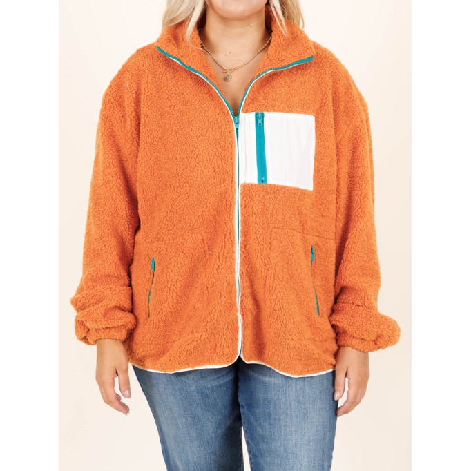 Plush Panel Contrast Zip Loose Hoodie