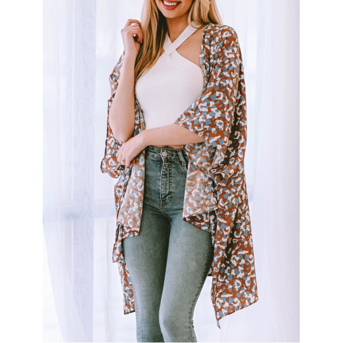 Printed Open Front Three-Quarter Sleeve Cover Up