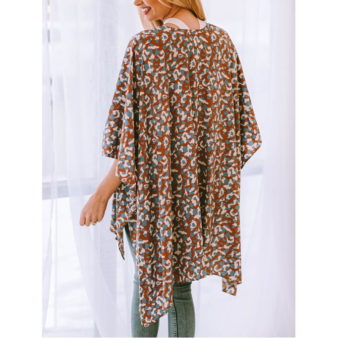 Printed Open Front Three-Quarter Sleeve Cover Up