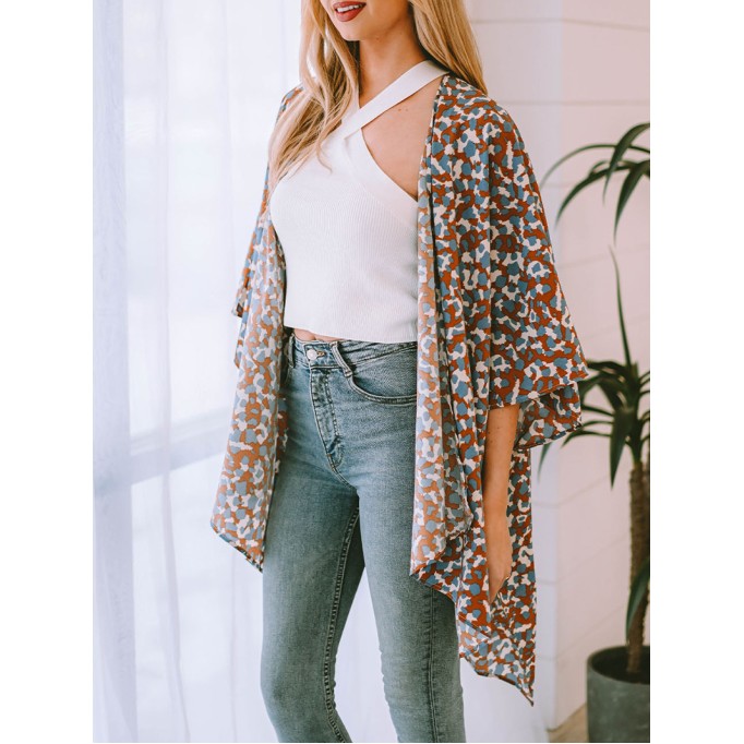 Printed Open Front Three-Quarter Sleeve Cover Up