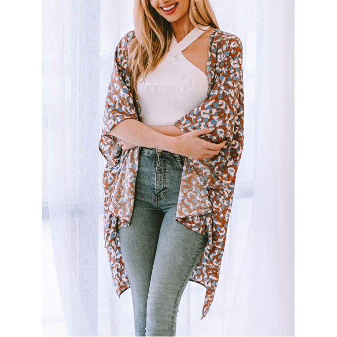 Printed Open Front Three-Quarter Sleeve Cover Up