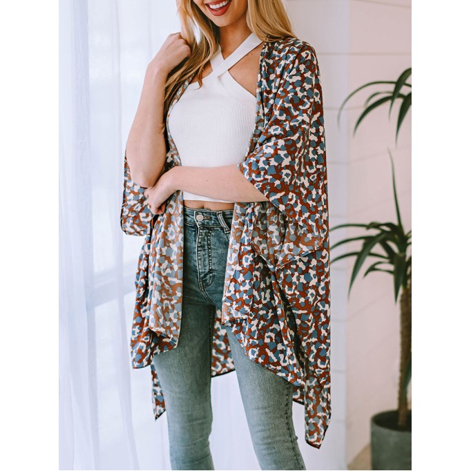 Printed Open Front Three-Quarter Sleeve Cover Up