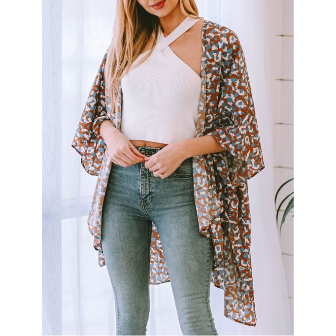 Printed Open Front Three-Quarter Sleeve Cover Up