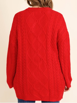 Red jacquard pattern loose knit sweater