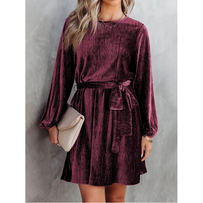 Red Tie Waist Crinkle Velvet Dress