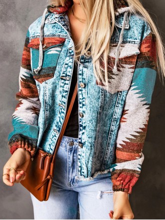 Retro print patchwork hooded denim jacket