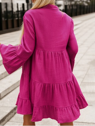 Rose Crinkled Tiered Split Neck Shirt Dress