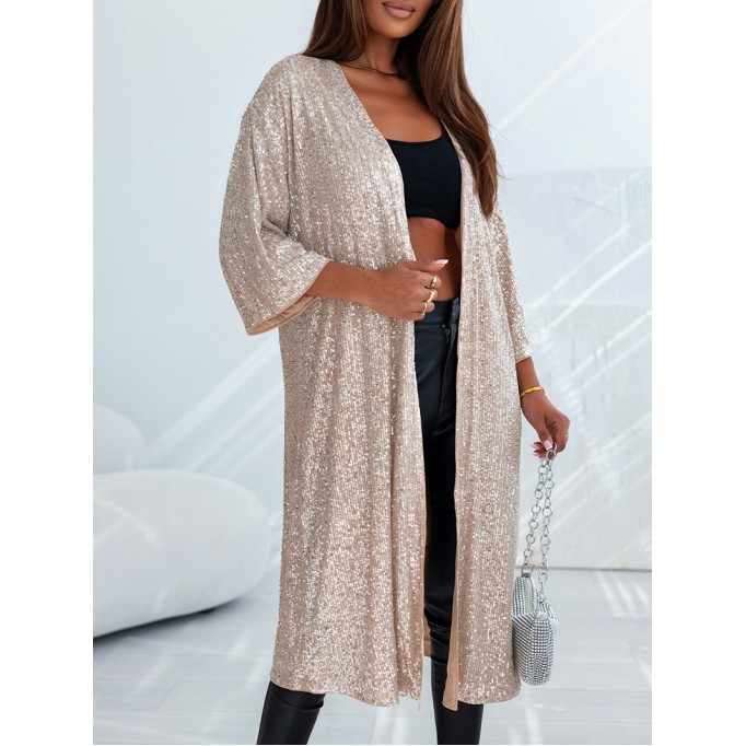 Sequin 3/4 Sleeve Open Front Duster Kimono