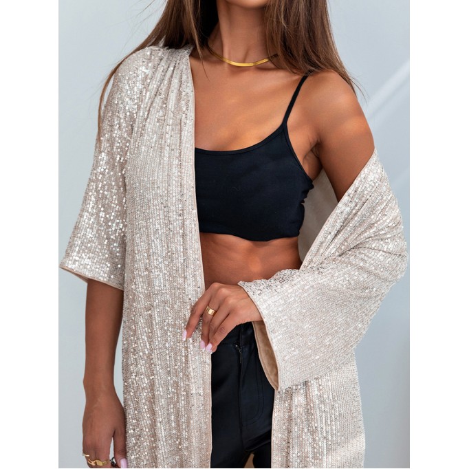 Sequin 3/4 Sleeve Open Front Duster Kimono