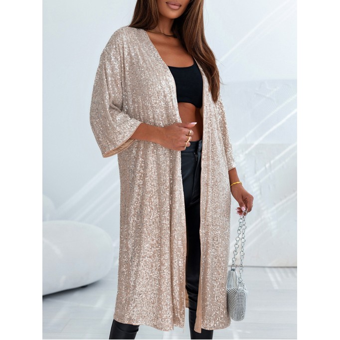 Sequin 3/4 Sleeve Open Front Duster Kimono