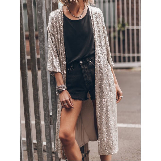 Sequin 3/4 Sleeve Open Front Duster Kimono